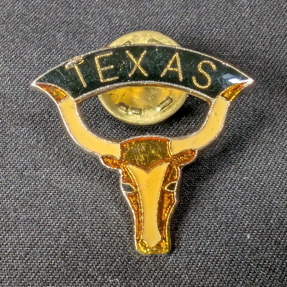 Vintage Texas Souvenir Lapel Pin Longhorn Steer Design Black Gold-Tone Enamel